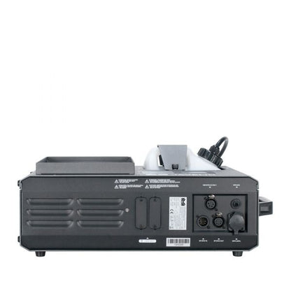 Rear view of the Elation-Magmatic Javelin Up Smoke 1450W CO2 simulator shows ports, vents, power cable, control panel, warning labels, and Rocket series input/output/power connectors on the back panel.