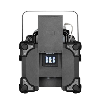 The Elation Magmatic Magma Fog 1500 IP II (IP67, ELA-1412000017), a black and gray water-based fog machine with front digital display, hoses, and sturdy frame, is shown from the front against a white background.
