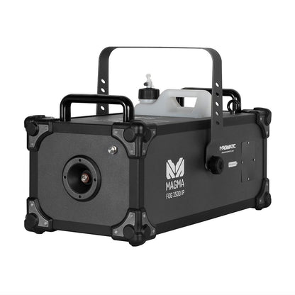 The Elation Magmatic Magma Fog 1500 IP II (ELA-1412000017) is a black, water-based fog machine with a handle, corner protectors, DMX-512 control panel, visible top liquid container, and IP67 rating.