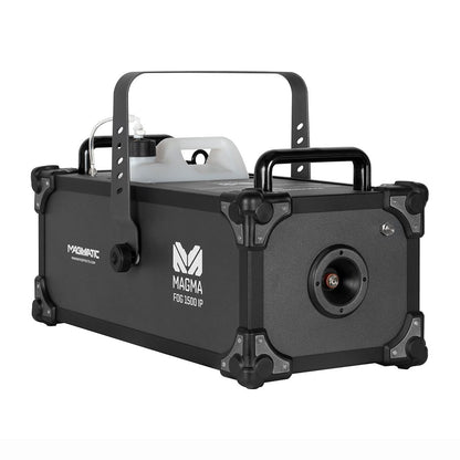 The Elation Magmatic Magma Fog 1500 IP II (ELA-1412000017) is a black, water-based fog machine with a sturdy rectangular design, carrying handles, DMX-512 control panel, and IP67 rating for creating fog effects at events or performances.