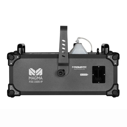 A rectangular black and gray Elation Magmatic Magma Fog 1500 IP II (IP67, ELA-1412000017) water-based fog machine with handle, visible fluid container, and DMX-512 control panel is shown on a white background.