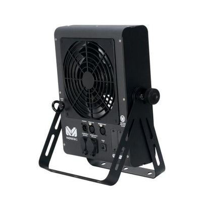 A black, rectangular Elation Magmatic MAGMA FAN 1 DMX fan with a metal frame stand, front protective grill, and back panel control switches and DMX ports, shown against a plain white background.