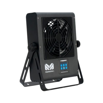 The Elation Magmatic MAGMA FAN 1 is a black, rectangular stage fan with adjustable side knobs, sturdy stand, digital display, and branded grill—ideal as a DMX fan for professional setups.