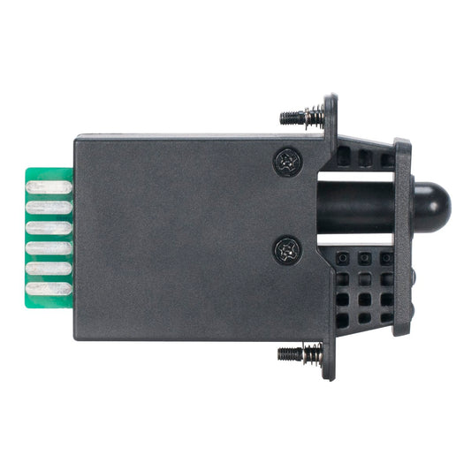 Close-up of the Elation-Magmatic MagRF-R Receiver Only, featuring a black electronic component with a green circuit board edge, metal screws, and a cylindrical protrusion, isolated on a white background.