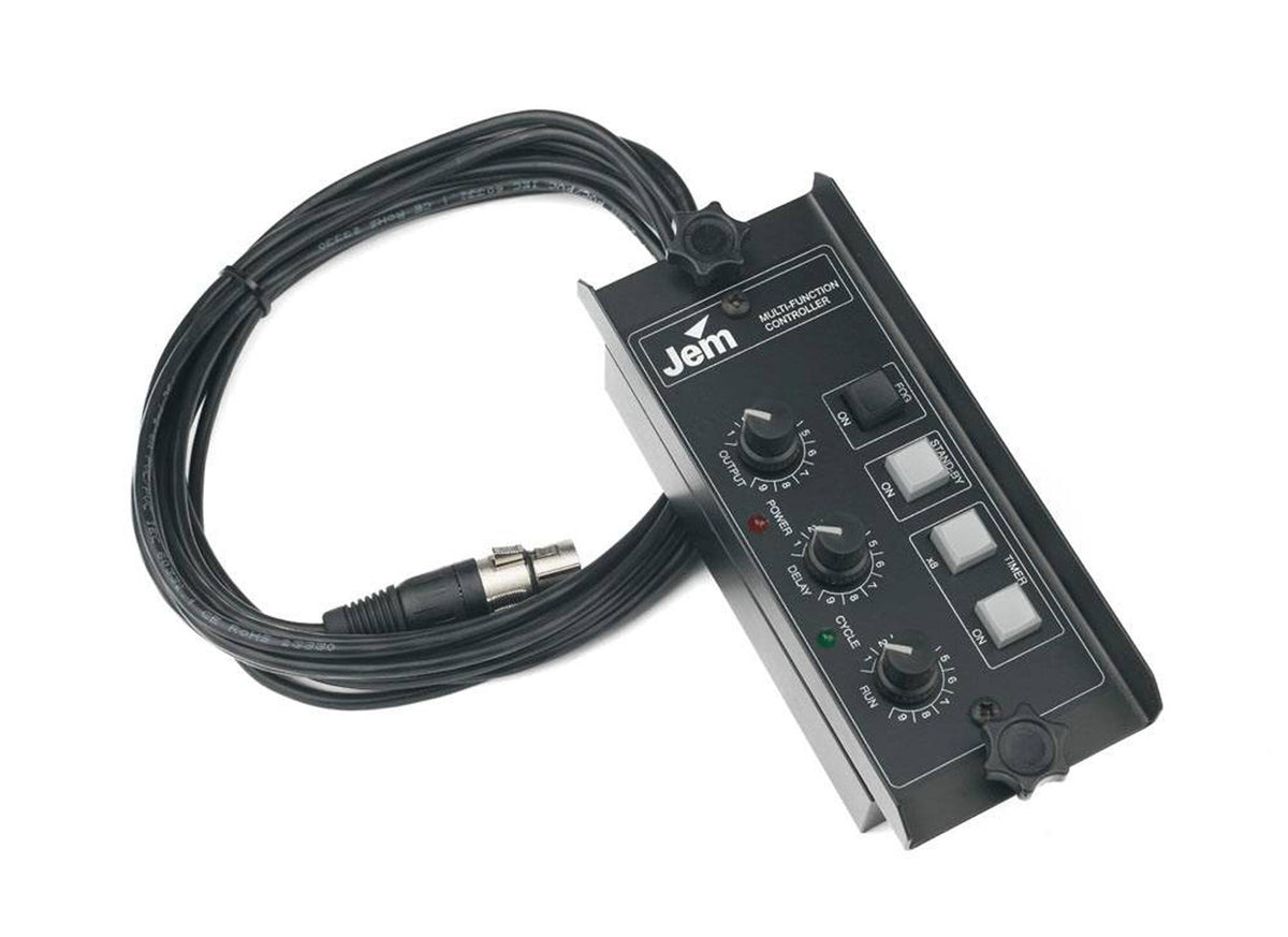 Black remote controller for the JEM Professional JEM AF 2 Fan DMX and Remote 115V US, featuring three rotary knobs for output, delay, and cycle settings, two push buttons for fan and timer functions, and a long cable with an XLR connector.