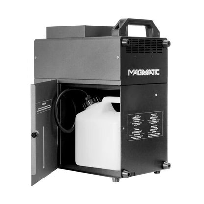 A black Elation Magmatic SIDEWINDER Smoke 1450W fog machine (ELA-1412000006) features a top handle and an open front door, showing a white liquid container and coiled tube inside.