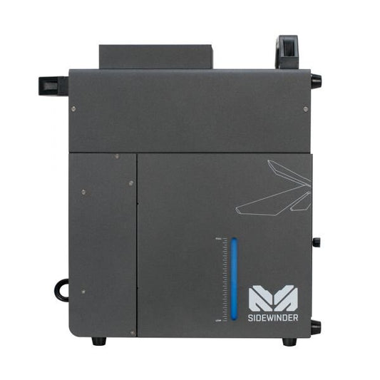The Elation-Magmatic SIDEWINDER Smoke 1450W features a gray, boxy design with the Sidewinder logo, blue measurement scale, black knobs on the front panel, and DMX-512 control for advanced operation.