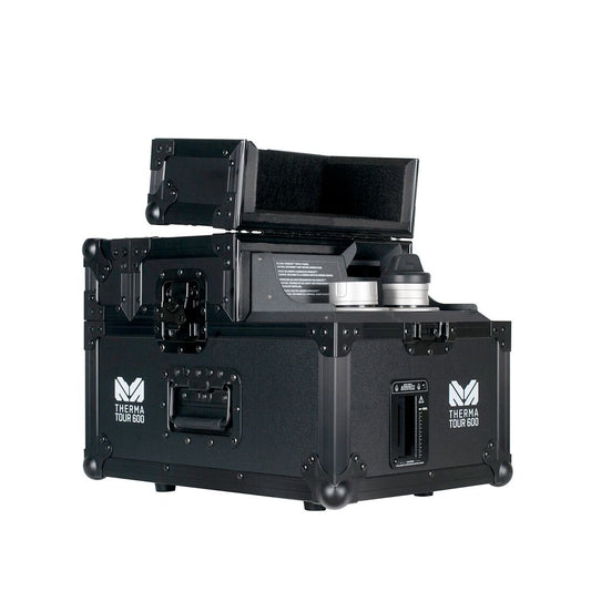 An open, black, hard-shell Elation-Magmatic THERMA TOUR 600 hazer case with reinforced corners displays compartments holding metal and plastic parts used to produce long-lasting atmospheric haze inside.