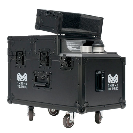 A black, wheeled Elation-Magmatic THERMA TOUR 800 Hazer case with a hinged lid open at the top reveals two cylindrical oil-based haze fluid containers inside. The sturdy case includes metal reinforcements and secure latches.