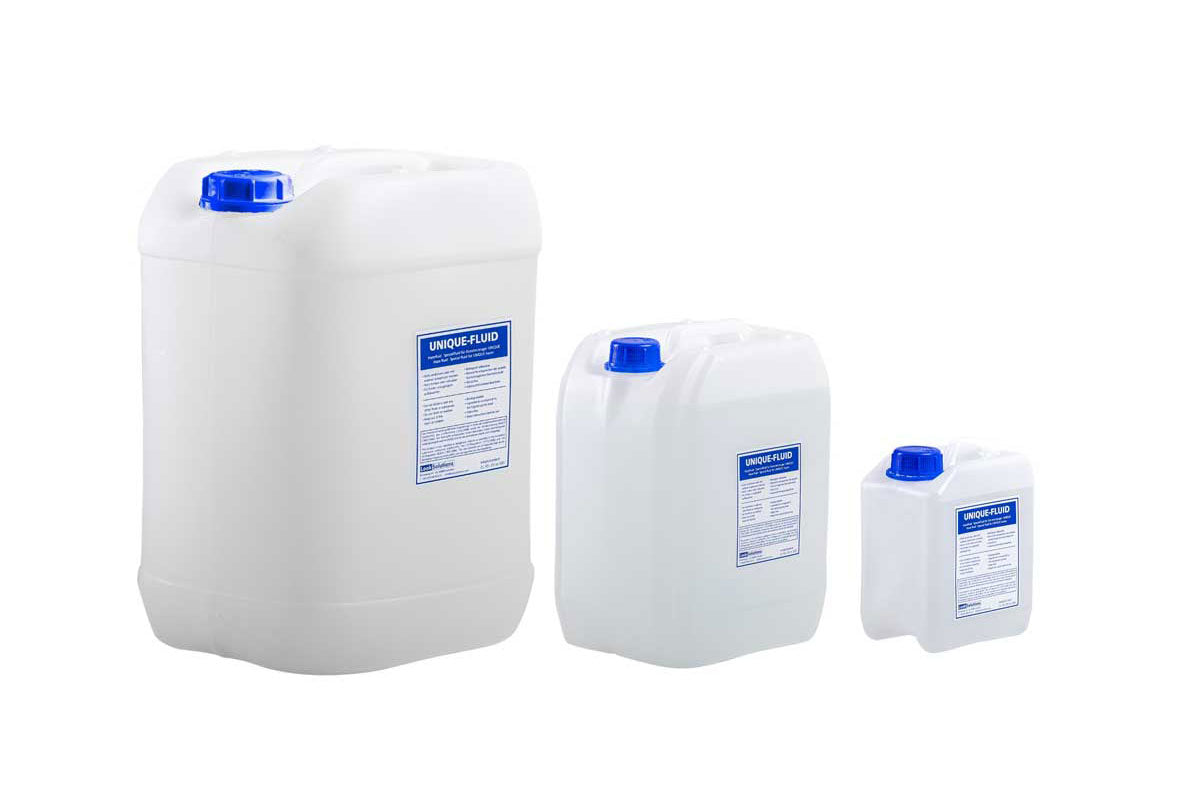 Three white plastic jerrycans of varying sizes with blue caps and blue-and-white labels are lined up on a white background, ideal for storing Look Solutions - Unique Haze Fluid for your Look Solutions haze generator or other water-based fog fluid.
